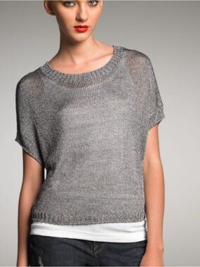 vince Metallic Open Knit Top Size S Silver Boxy Loose Quiet Luxury Modern Chic